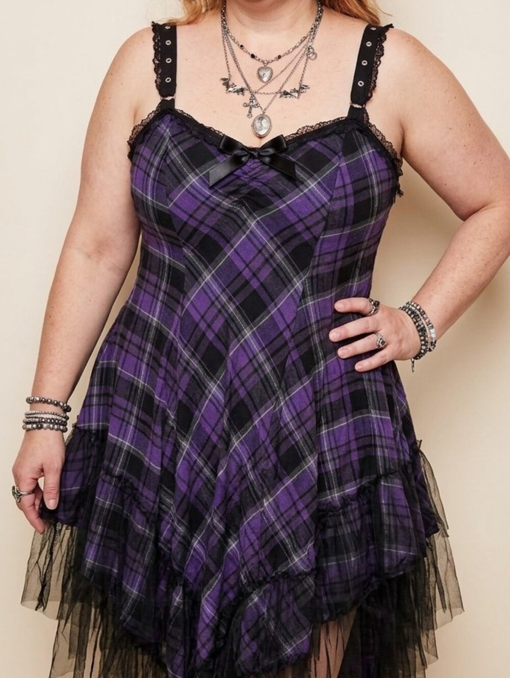 RARE Vintage Lip Service Purple Plaid Ruffle Dress w/Lace Trim & Tuelle, Pockets - Picture 13 of 14
